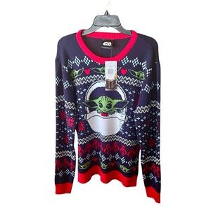 NWT Star Wars Mandolorian Baby Yoda holiday Christmas sweater SZ L black red